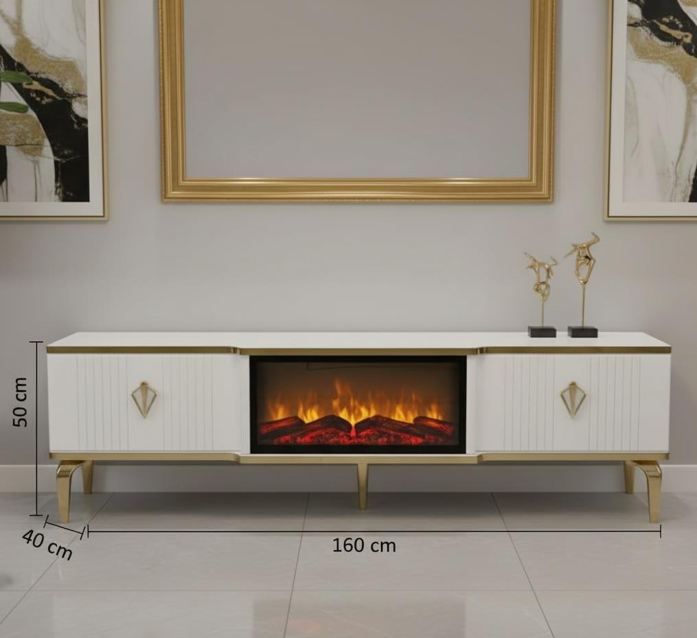 Remote Controlled Flame Effect TV Unit - White/Gold