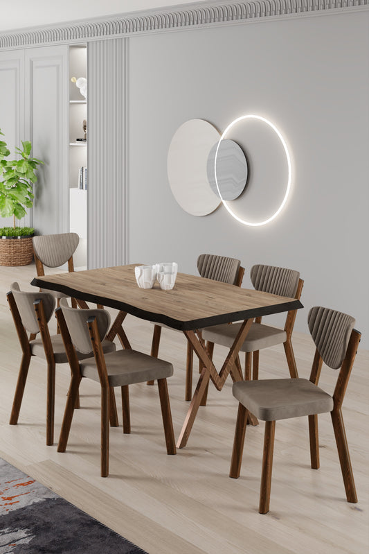 Akort Series Dining Set: 130x80 cm Lacquered Table & 6 Premium Babyface Fabric Chairs