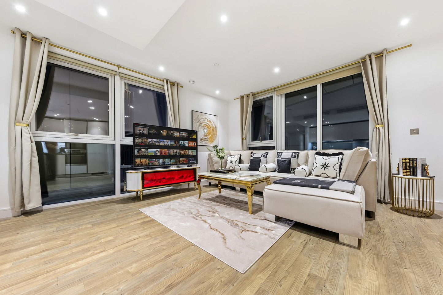 Full Screen Remote Controlled TV Unit- White/Gold