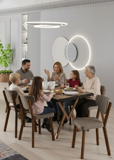 Akort Series Dining Set: 130x80 cm Lacquered Table & 6 Premium Babyface Fabric Chairs