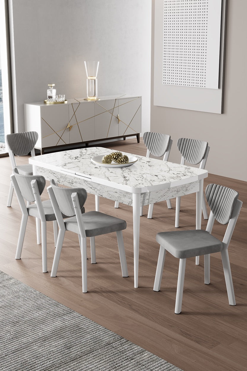 Exve Modern Extendable Dining Table Set with 6 Babyface Chairs