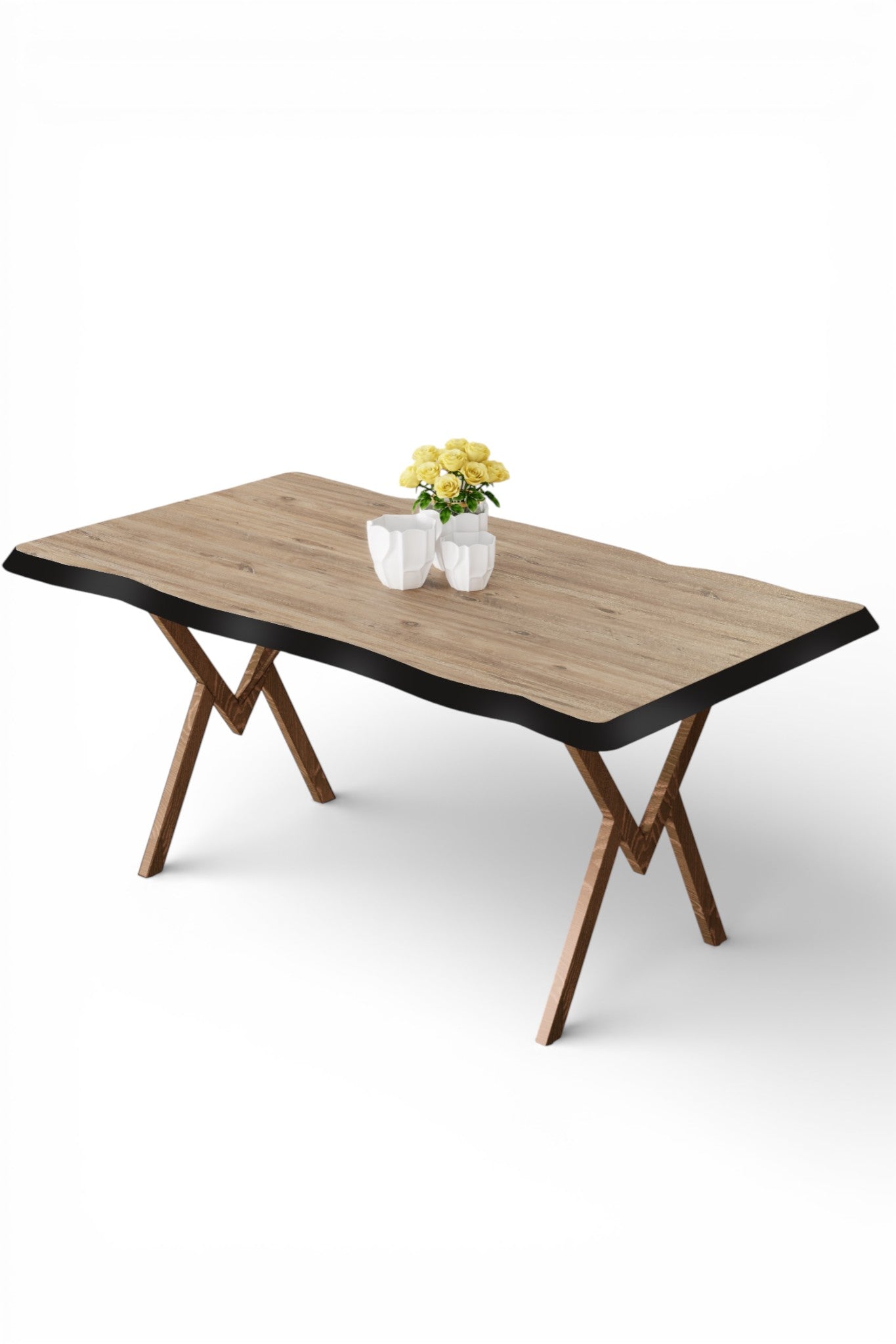 Akort Series Dining Set: 130x80 cm Lacquered Table & 6 Premium Babyface Fabric Chairs