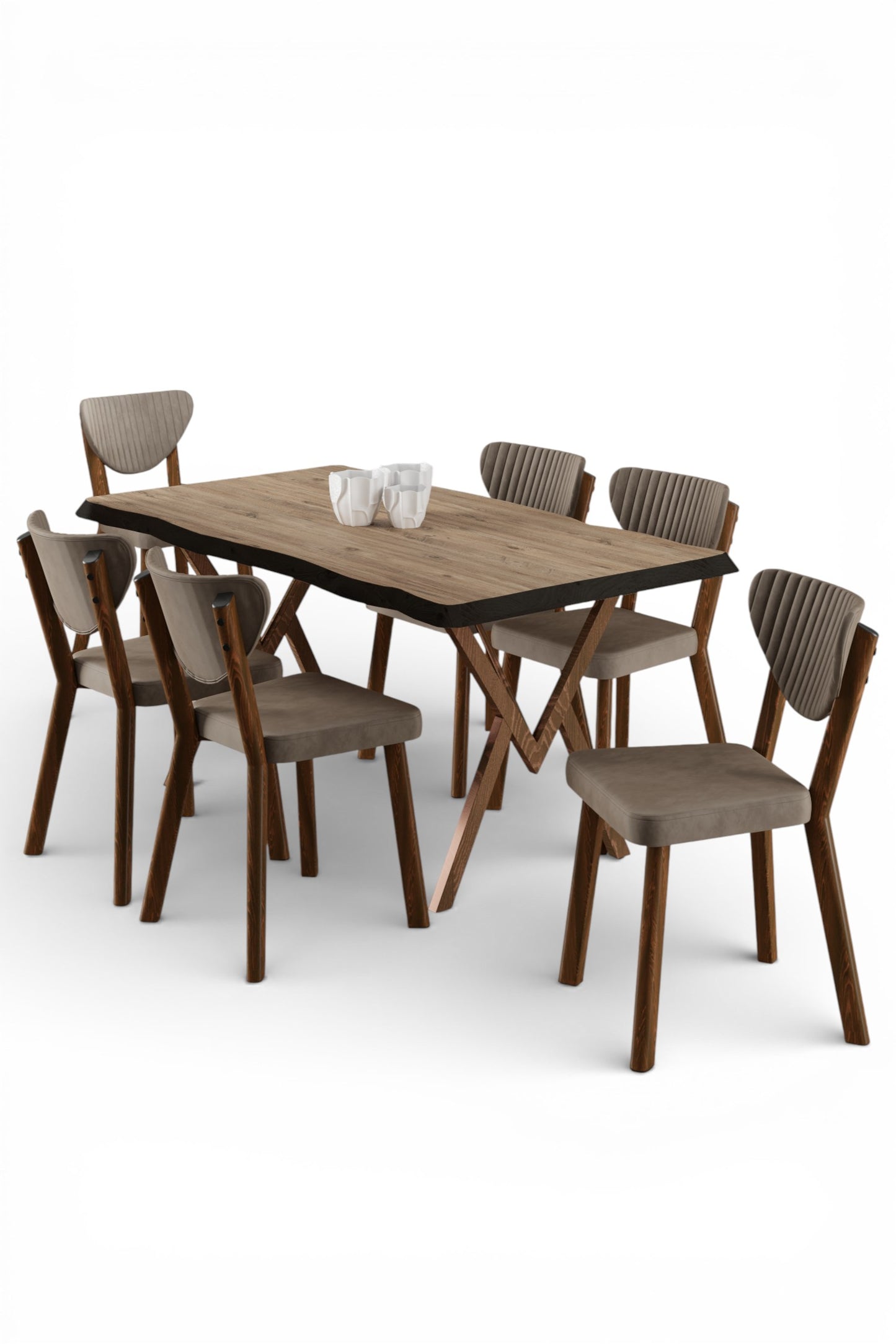 Akort Series Dining Set: 130x80 cm Lacquered Table & 6 Premium Babyface Fabric Chairs