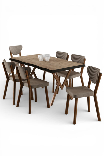 Akort Series Dining Set: 130x80 cm Lacquered Table & 6 Premium Babyface Fabric Chairs