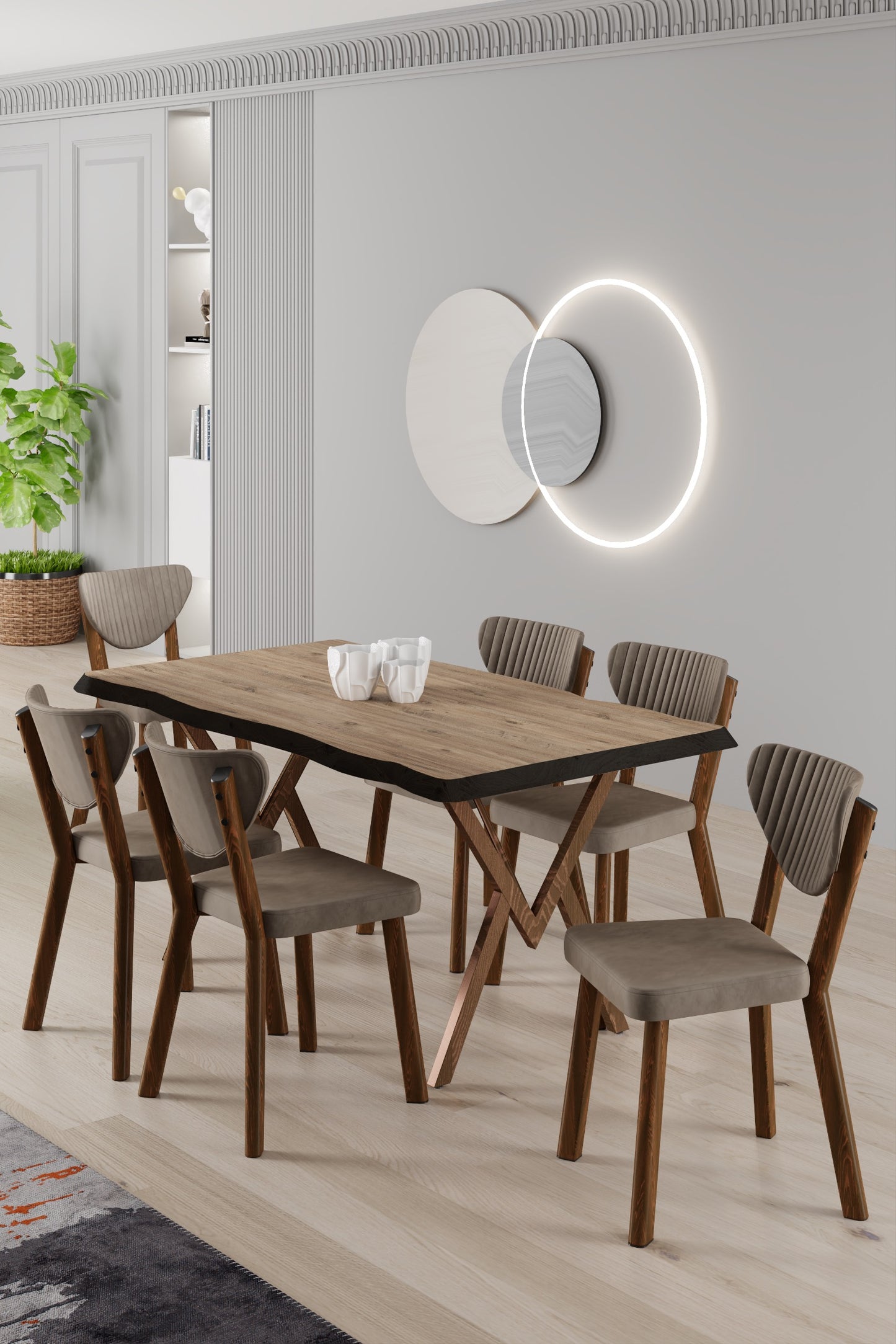 Akort Series Dining Set: 130x80 cm Lacquered Table & 6 Premium Babyface Fabric Chairs