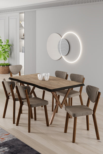 Akort Series Dining Set: 130x80 cm Lacquered Table & 6 Premium Babyface Fabric Chairs