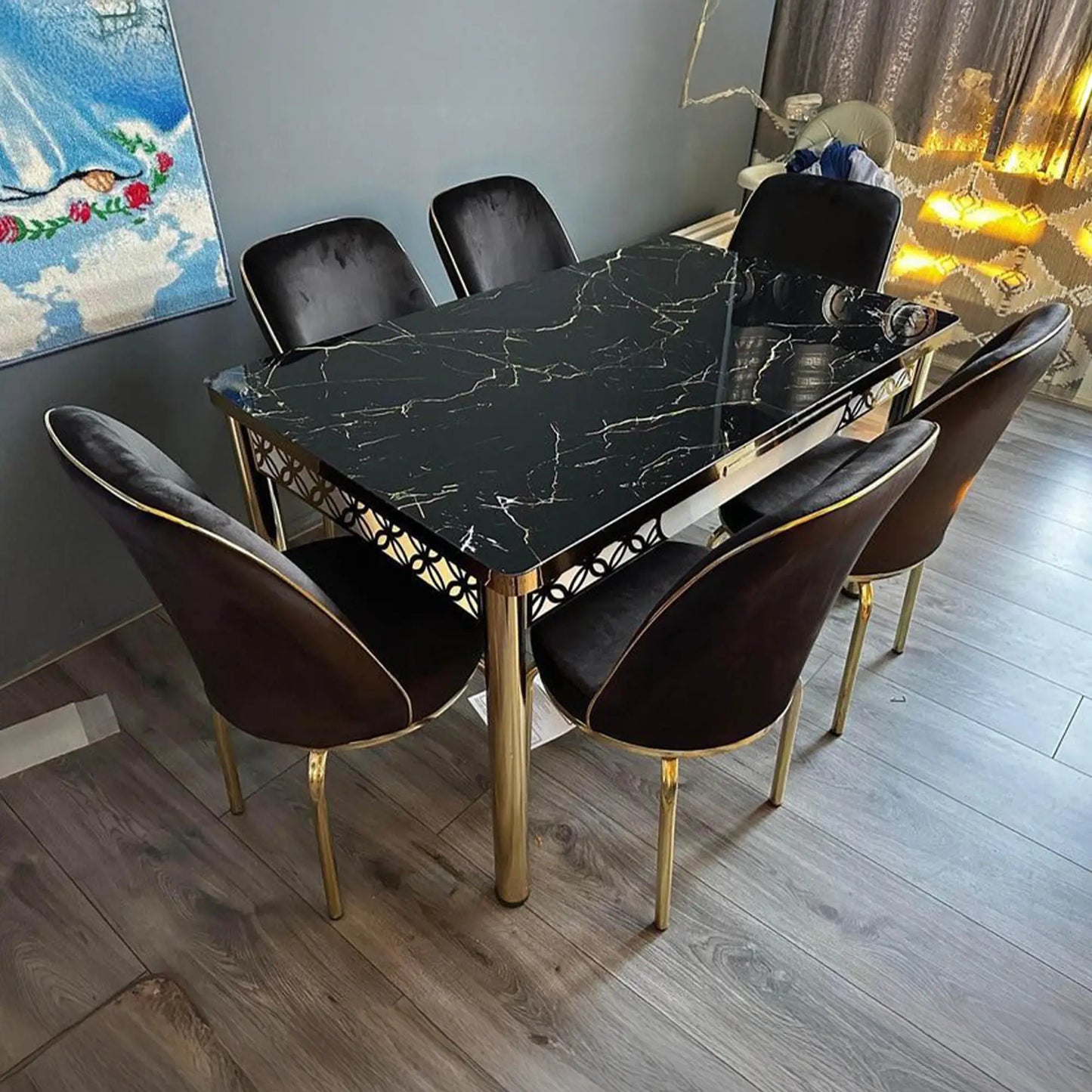 Black Gold Marble Effect Dining Table and 6 Chairs