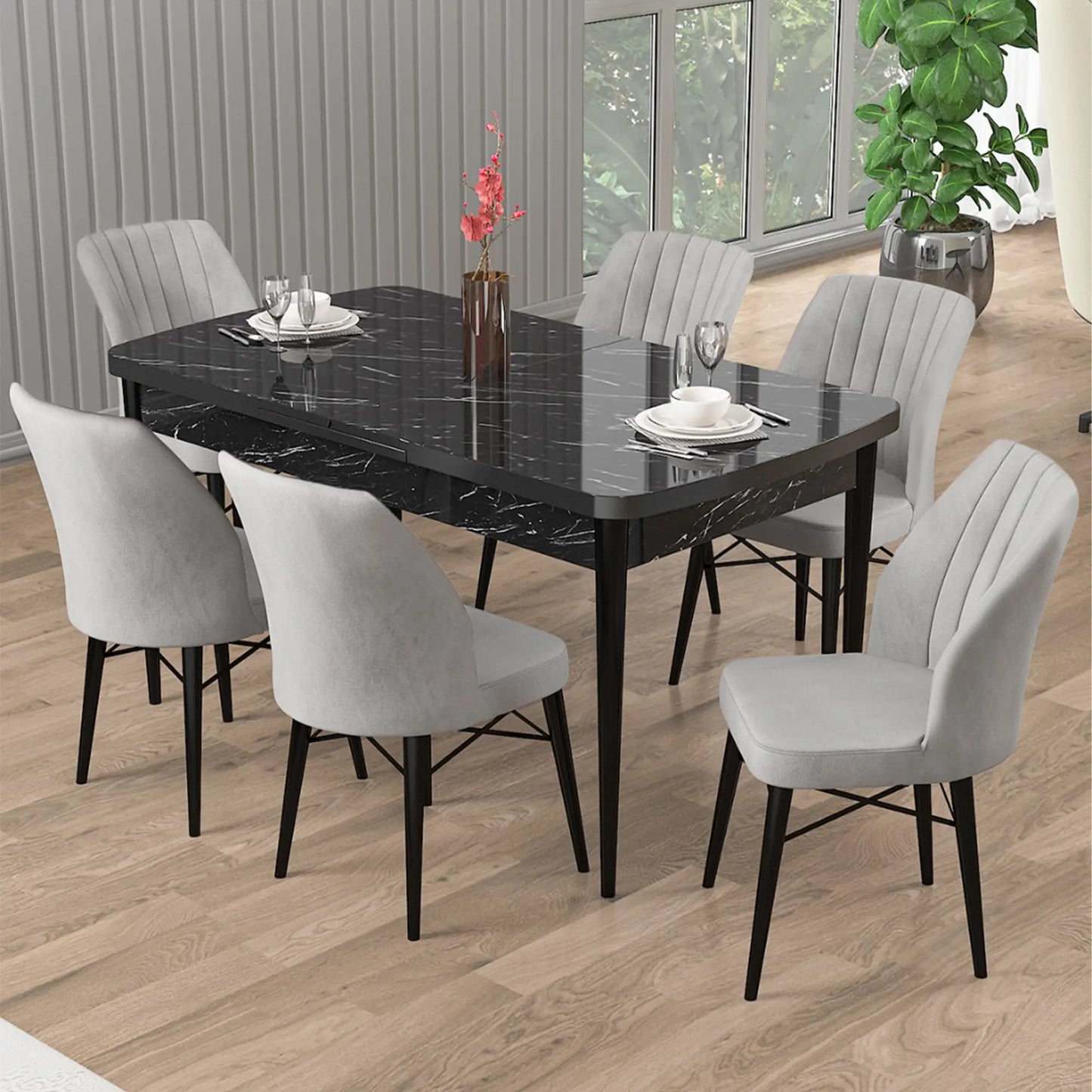 Epal Lux Dining Set – 1 Table & 6 Chairs - Black / Gray