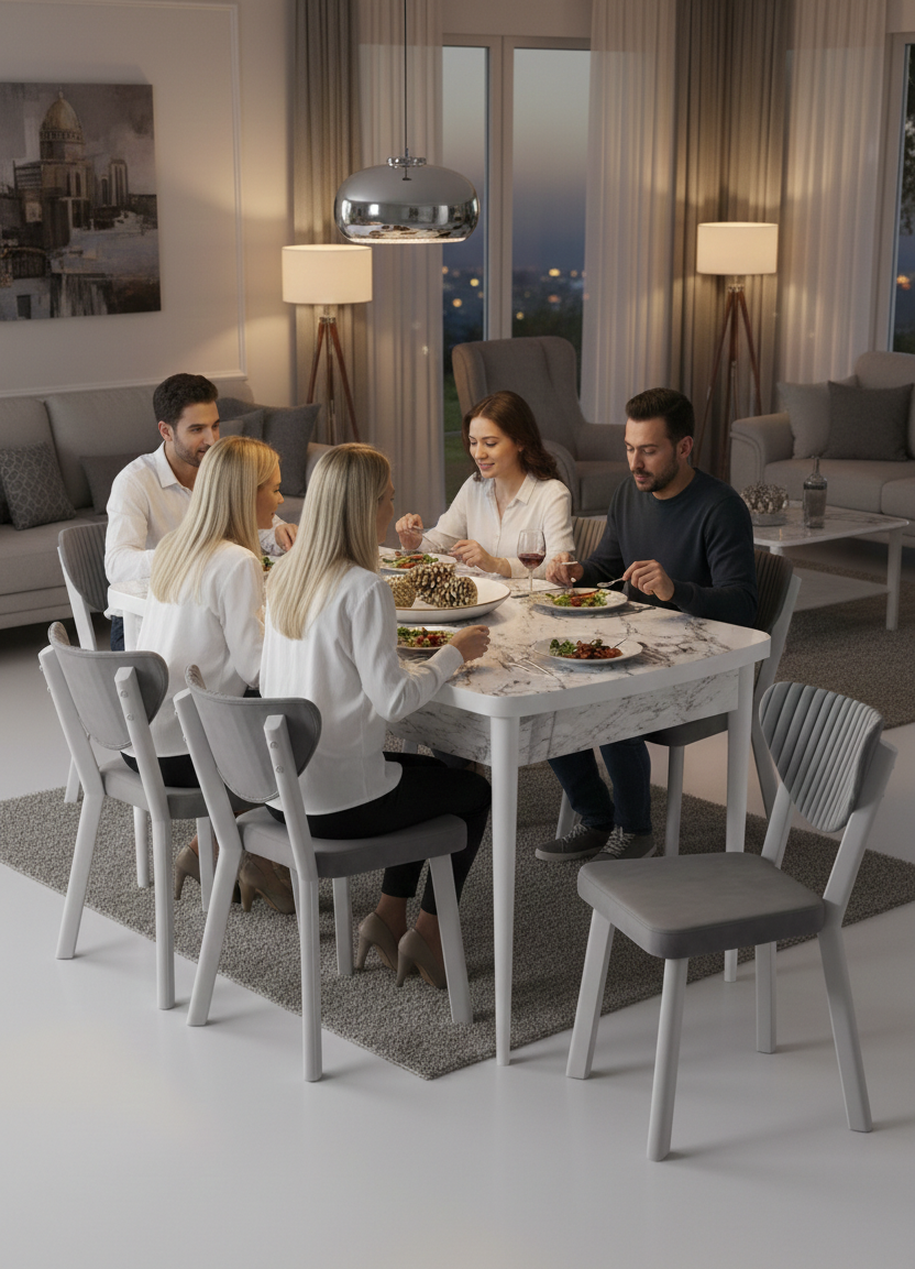 Exve Modern Extendable Dining Table Set with 6 Babyface Chairs