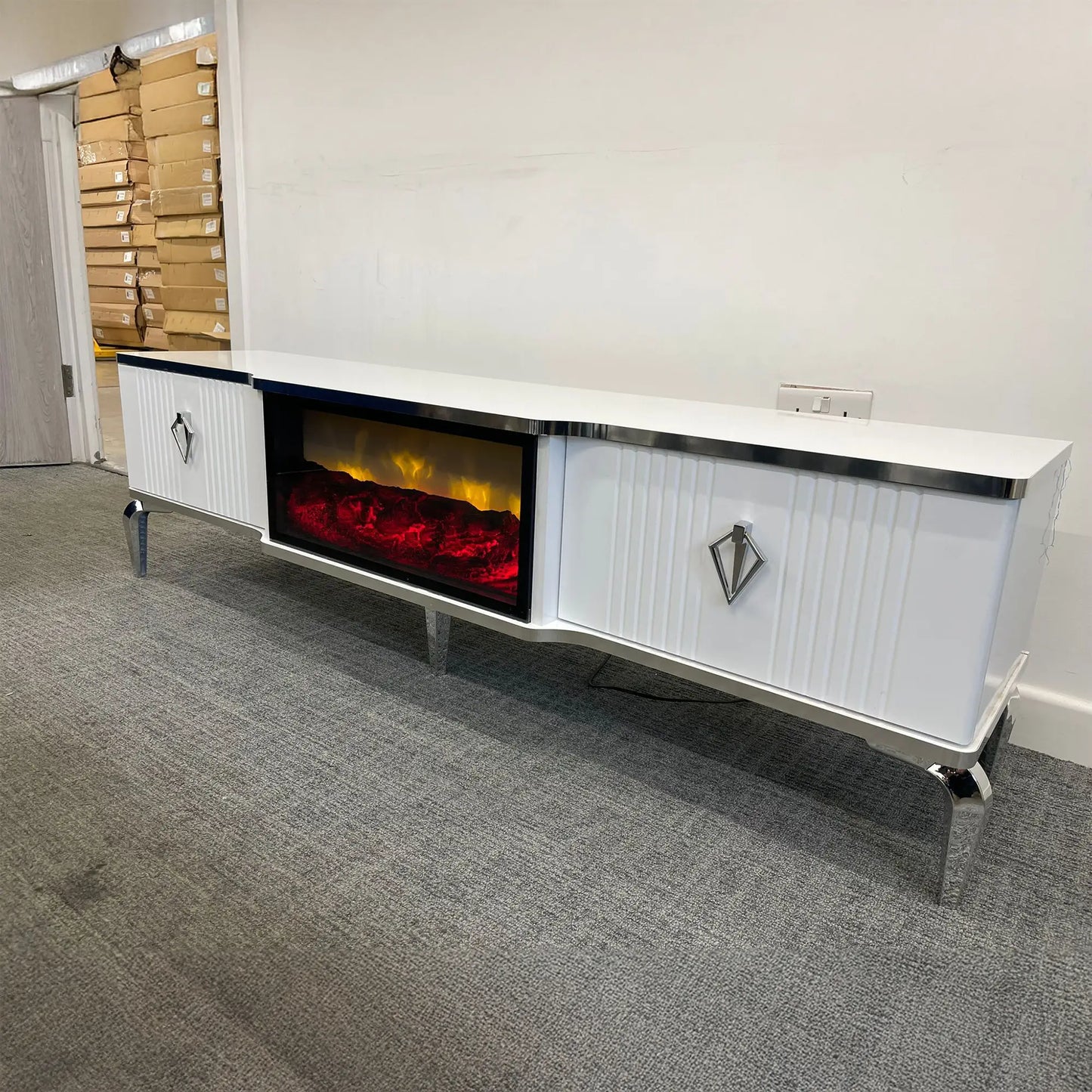 Remote Controlled Flame Effect TV Unit - White/Gold