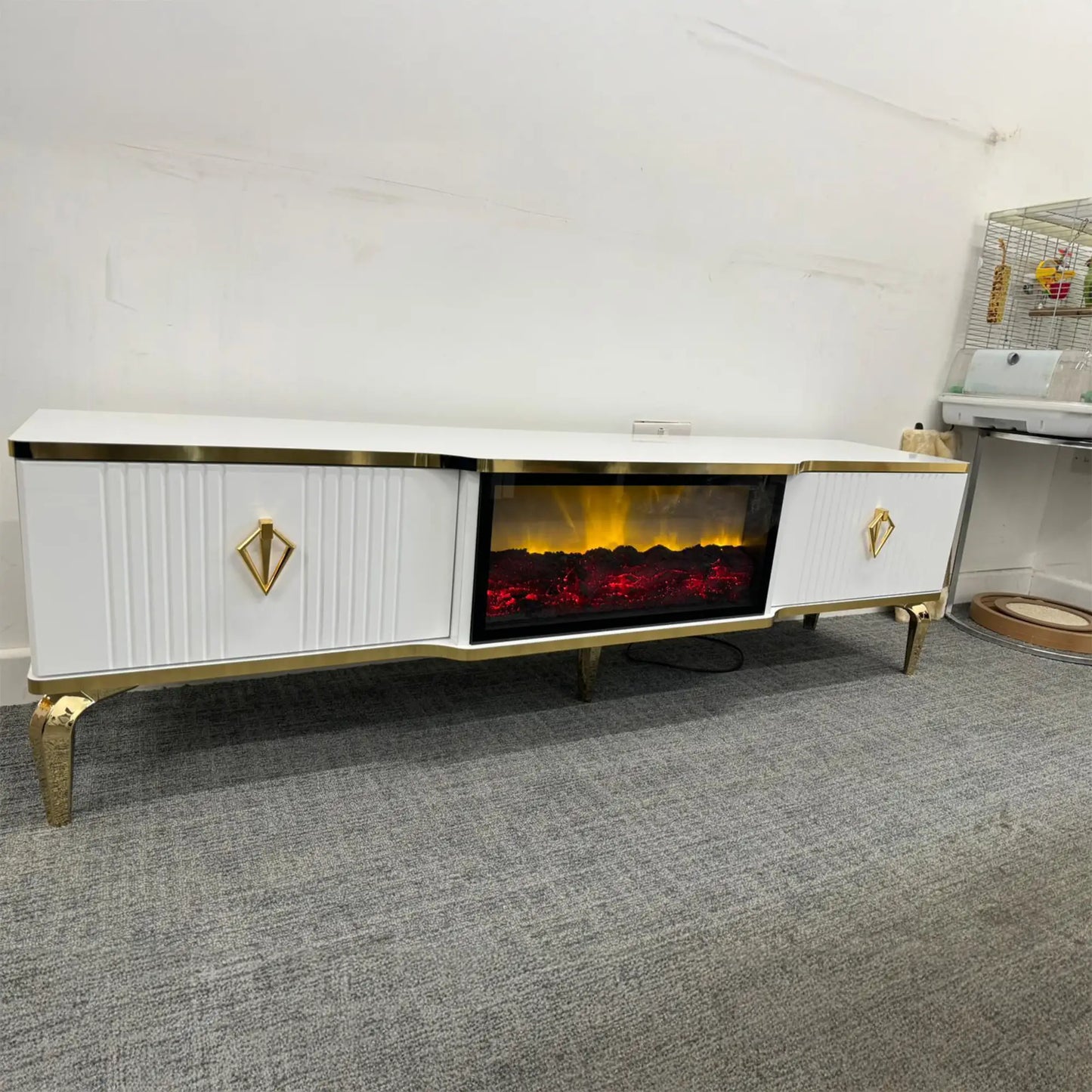 Remote Controlled Flame Effect TV Unit - White/Gold