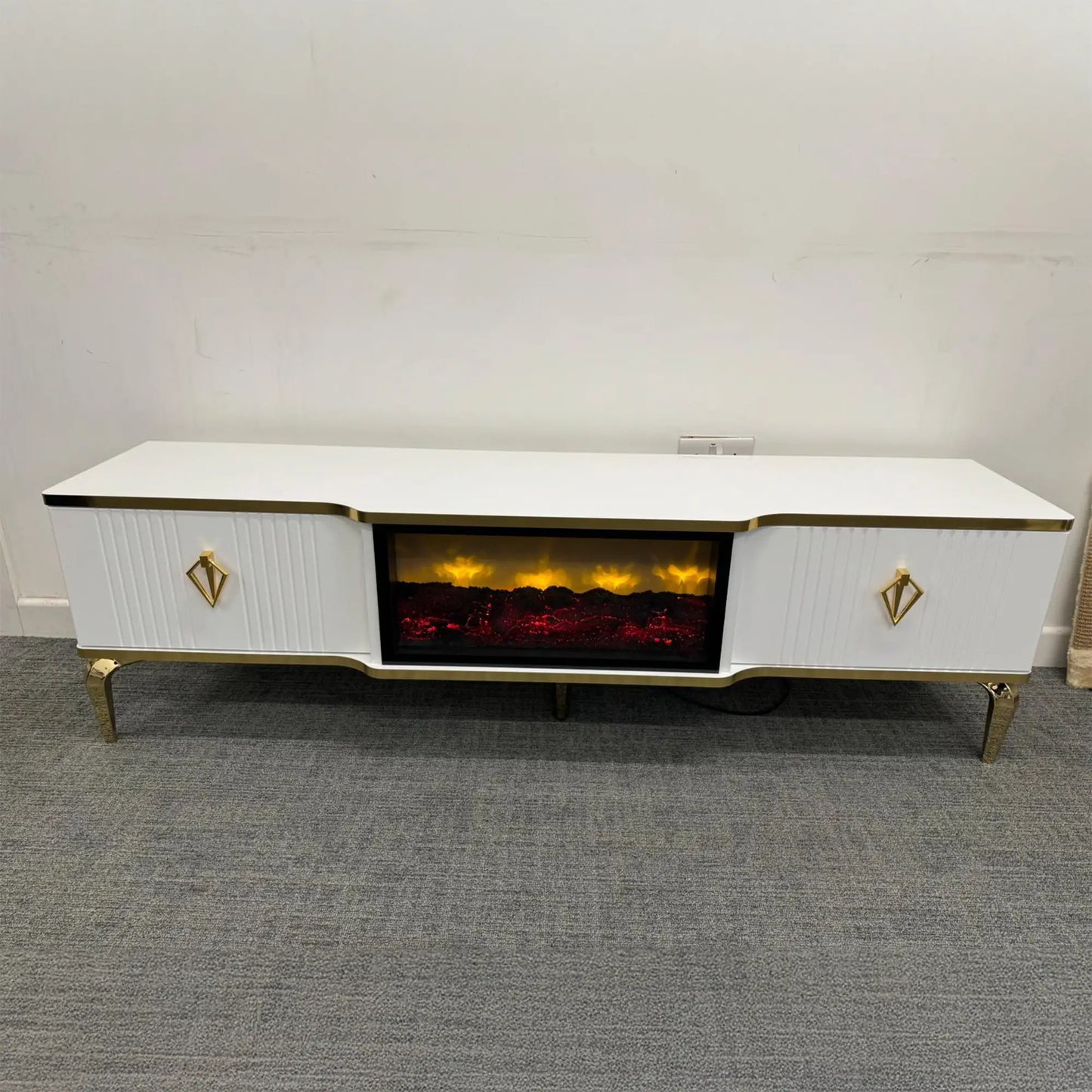 Remote Controlled Flame Effect TV Unit - White/Gold