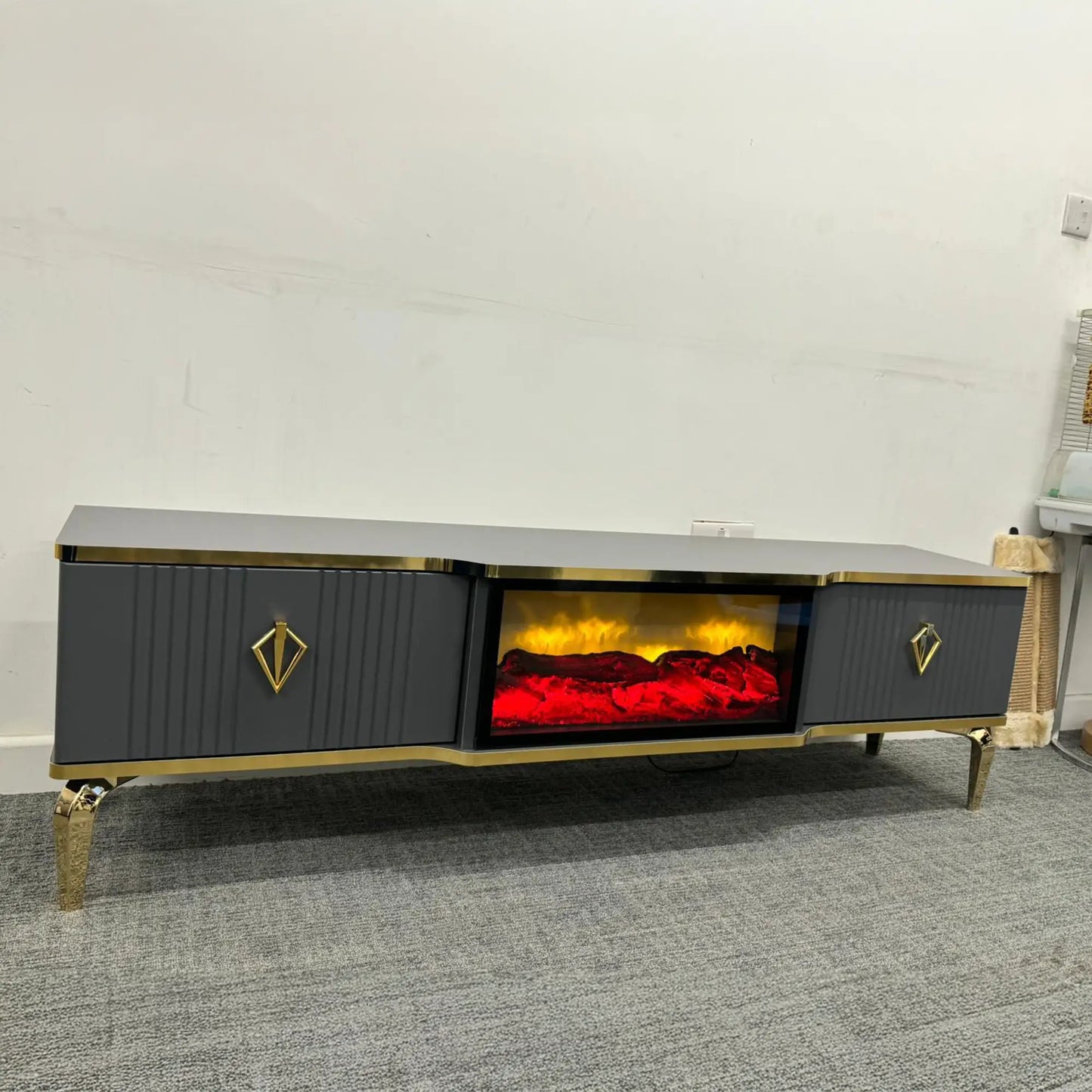 Remote Controlled Flame Effect TV Unit - Gray/Gold