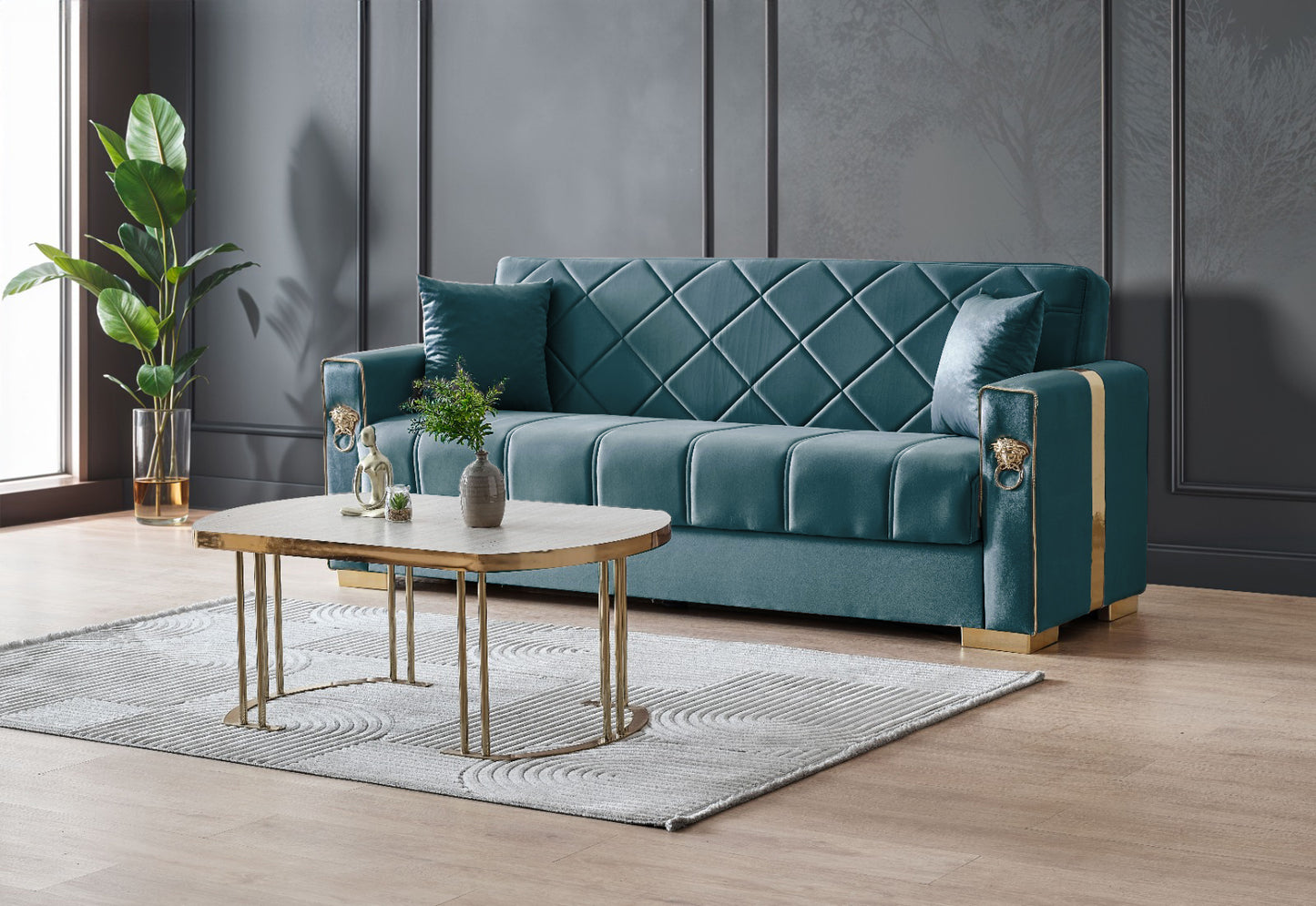 Lion Modern Green Gold 3+2+1 Seater Sofa Bed