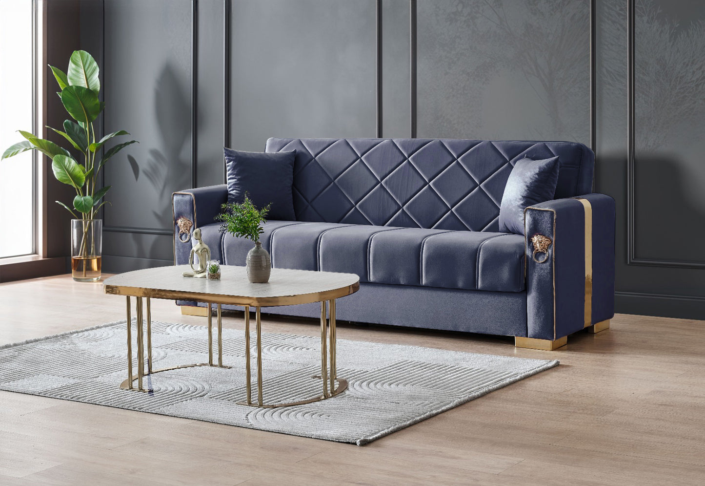 Lion Modern Blue Gold 3+2+1 Seater Sofa Bed