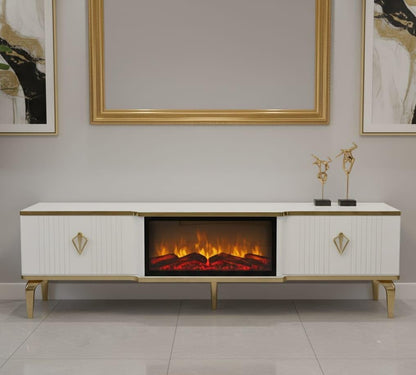 Remote Controlled Flame Effect TV Unit - White/Gold