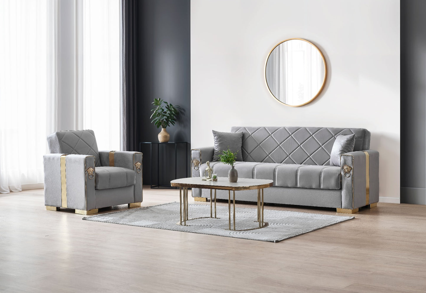 Lion Modern Gray Gold  3+2+1  Seater Sofa Bed