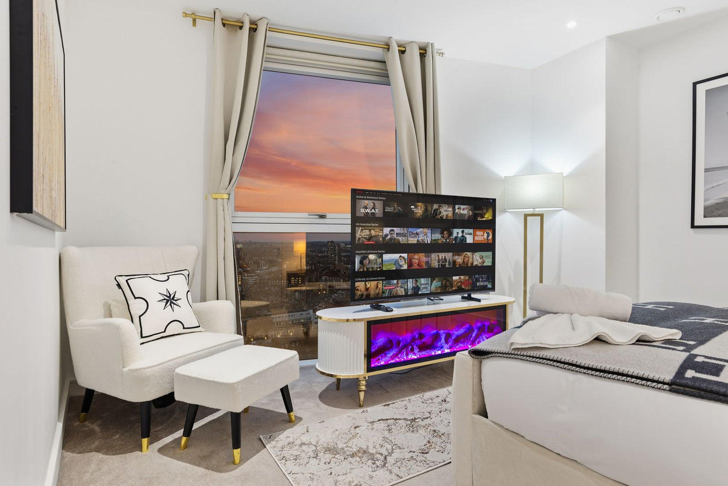 Full Screen Remote Controlled TV Unit- White/Gold