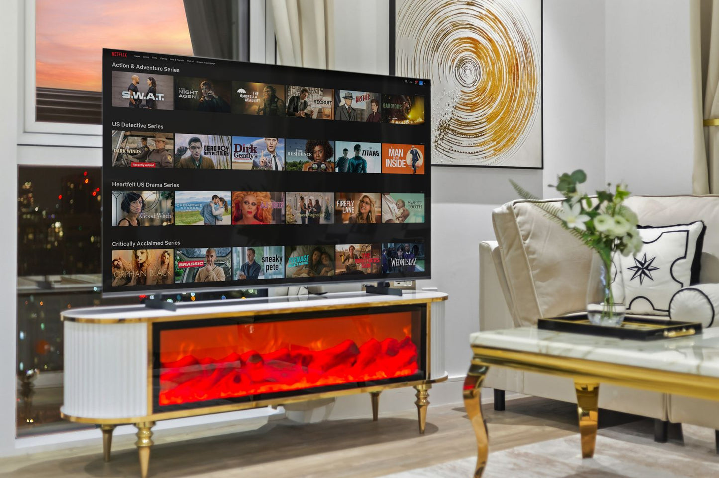 Full Screen Remote Controlled TV Unit- White/Gold
