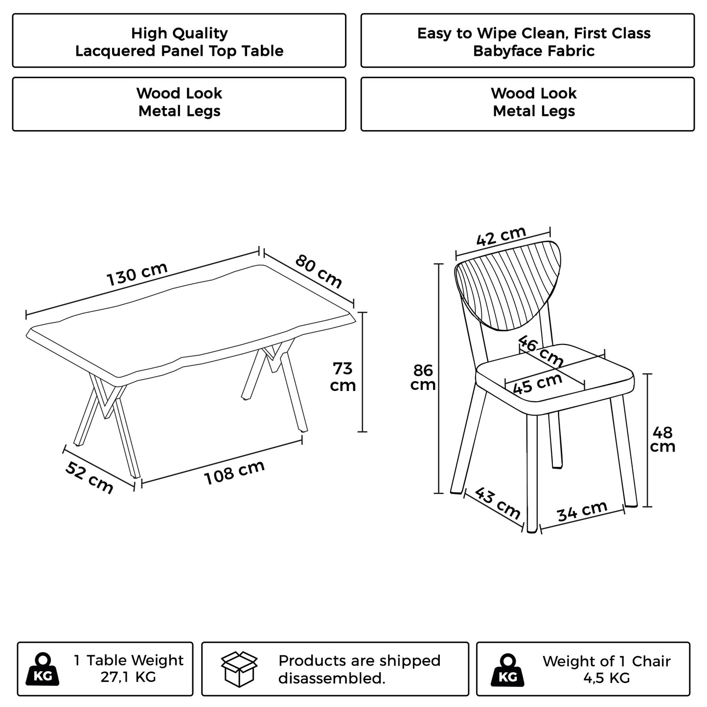 Akort Series Dining Set: 130x80 cm Lacquered Table & 6 Premium Babyface Fabric Chairs