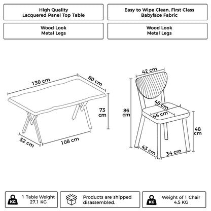 Akort Series Dining Set: 130x80 cm Lacquered Table & 6 Premium Babyface Fabric Chairs