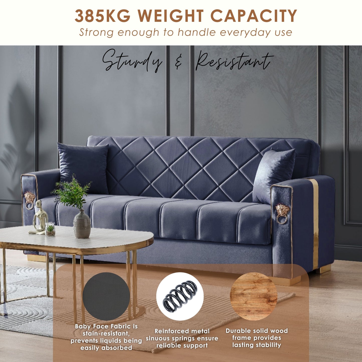 Lion Modern Blue Gold 3+2+1 Seater Sofa Bed