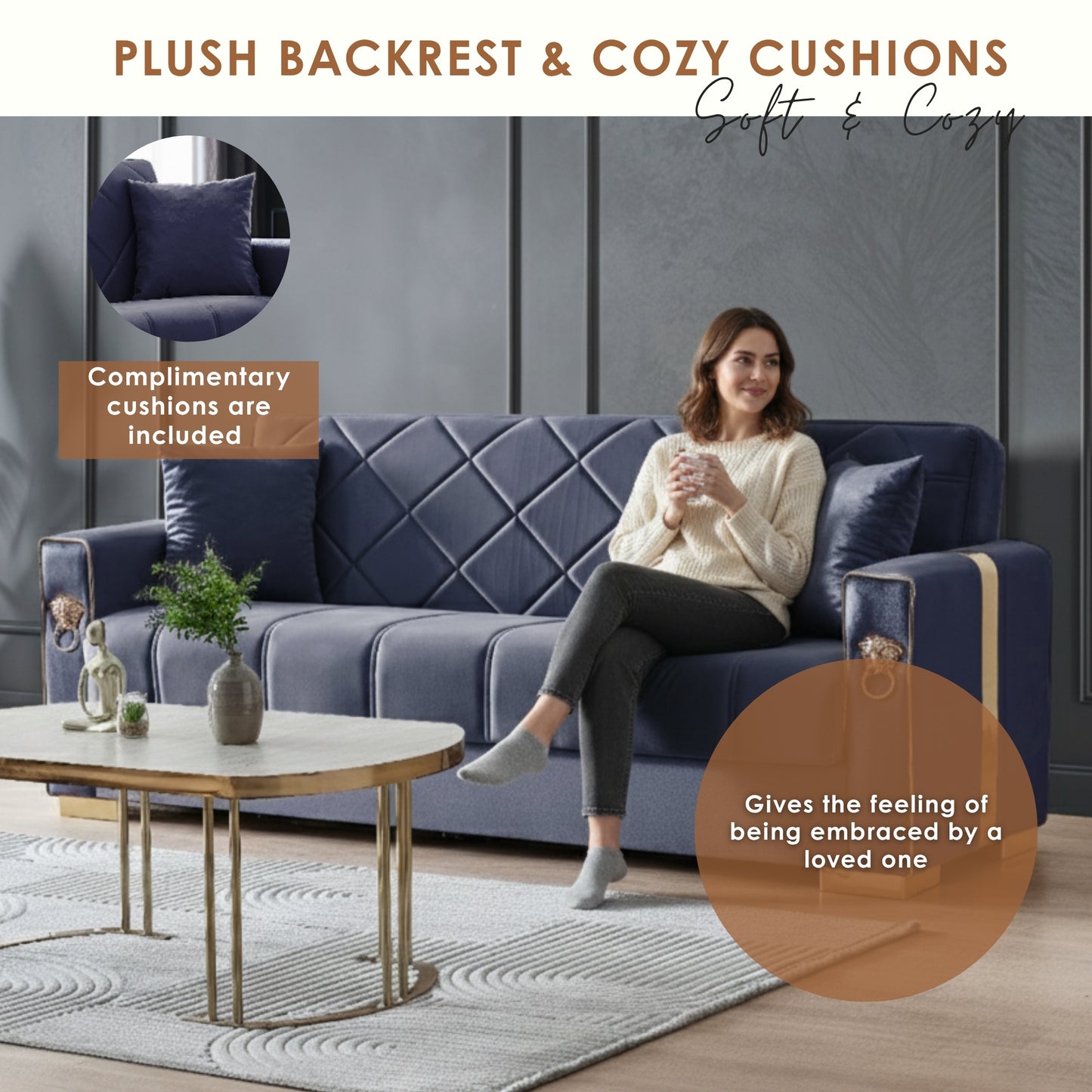 Lion Modern Blue Gold 3+2+1 Seater Sofa Bed