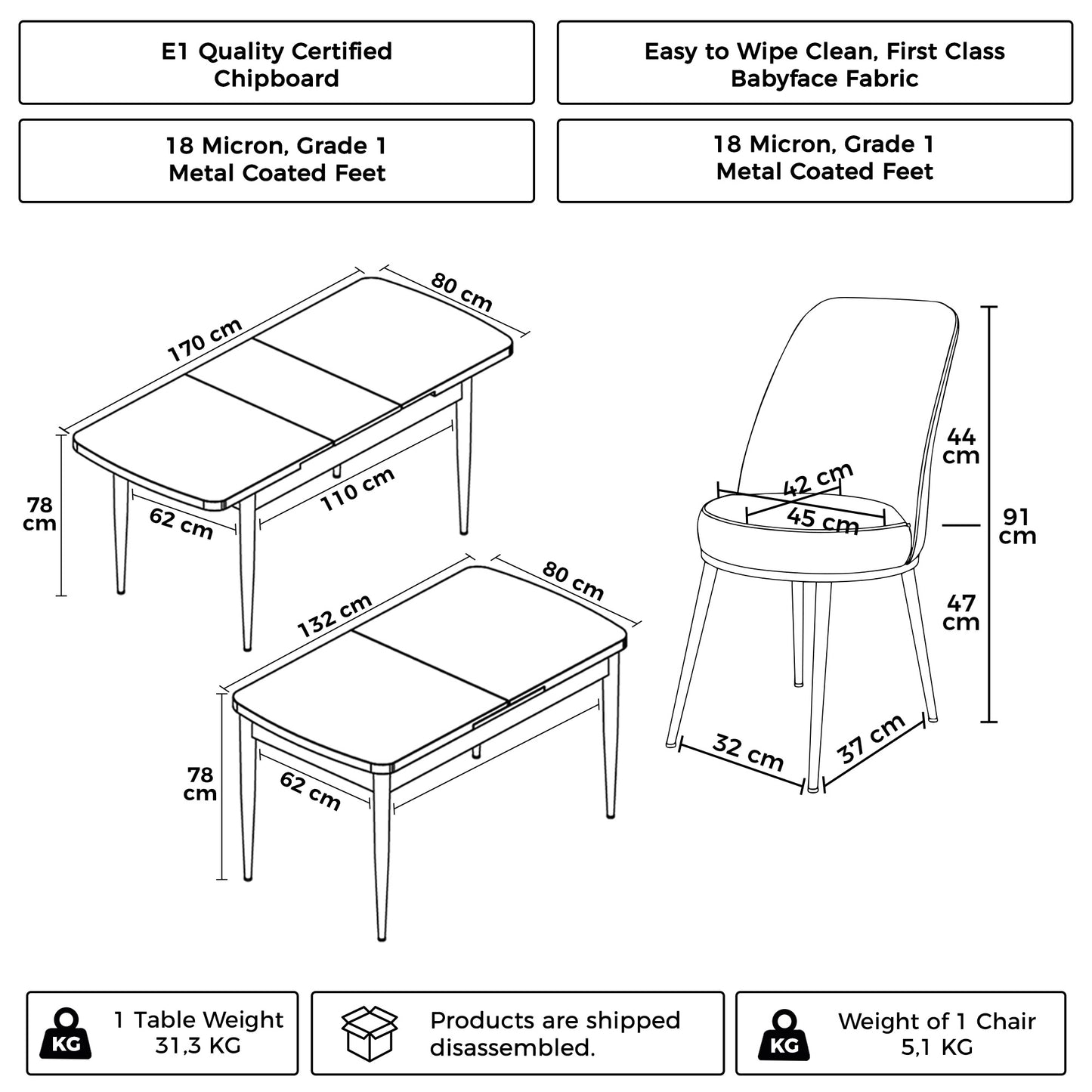 Pale Series Modern Elegance & Functional Extendable Dining Table with 6 Chairs