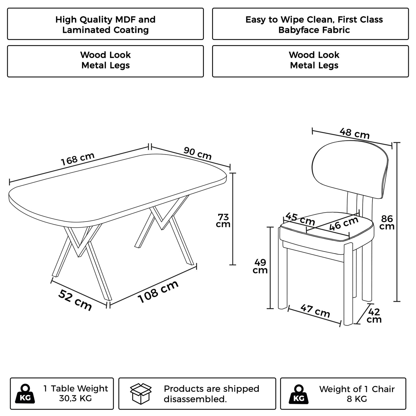 Radon Series  Dining Table with 6 Babyface Fabric Chairs
