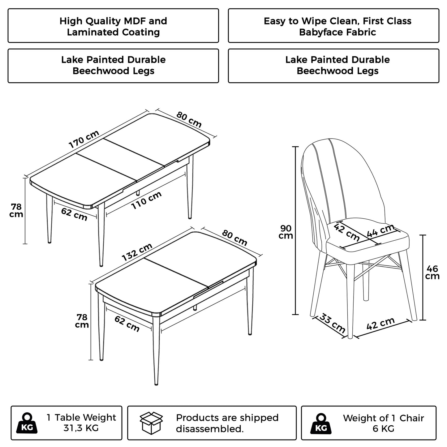 Roz Series-Modern Extendable Kitchen & Dining Table Set & 6 Chairs