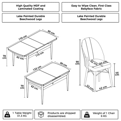 Roz Series-Modern Extendable Kitchen & Dining Table Set & 6 Chairs